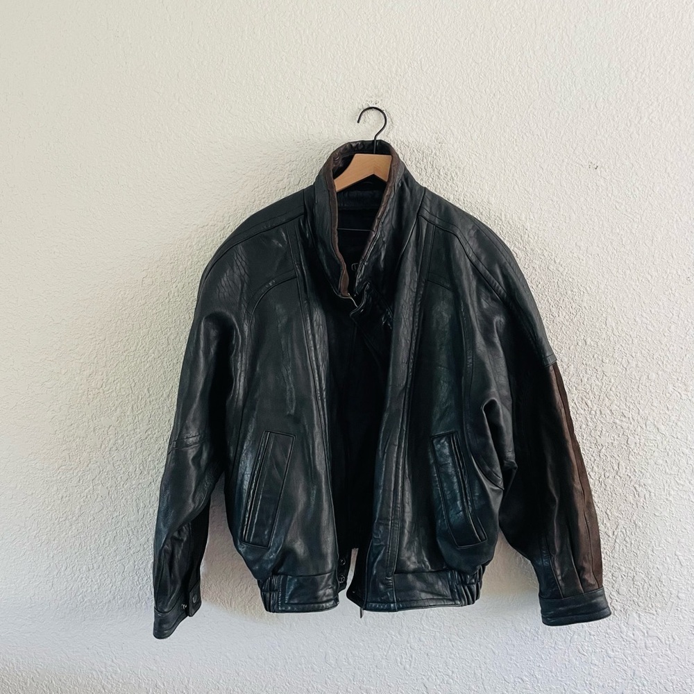 Leather Gallery Vintage 90s Two Tone Black Leather & Brown Suede Bomber Jacket